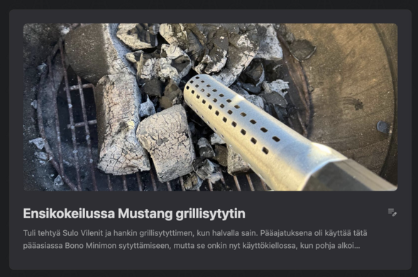 Kuvakaappaus luonnoksena olevasta blogi artikkelista aiheesta Ensikokeilussa Mustang grillisytytin.