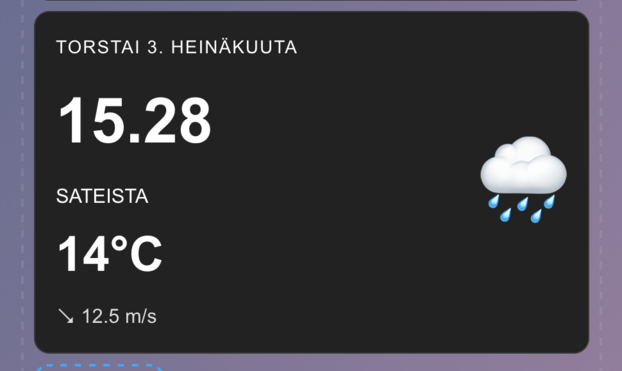Ja tämän version tekoäly sai aikaan kortista jossa on päivä ja säätiedot.